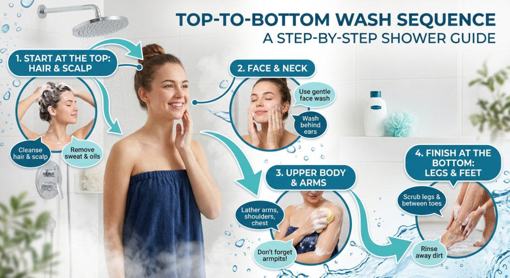 [IMAGE: Simple infographic showing the top-to-bottom wash sequence with body zone callouts]