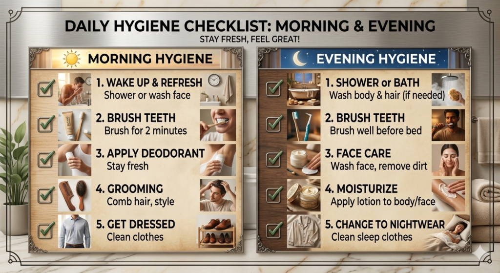 [IMAGE: Simple visual checklist of daily body hygiene steps — morning and evening]