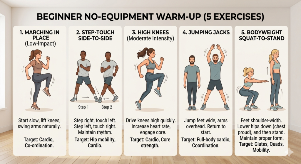 [IMAGE: A clean grid showing all 5 exercises with proper form illustrations — beginner-facing, no gym equipment visible]